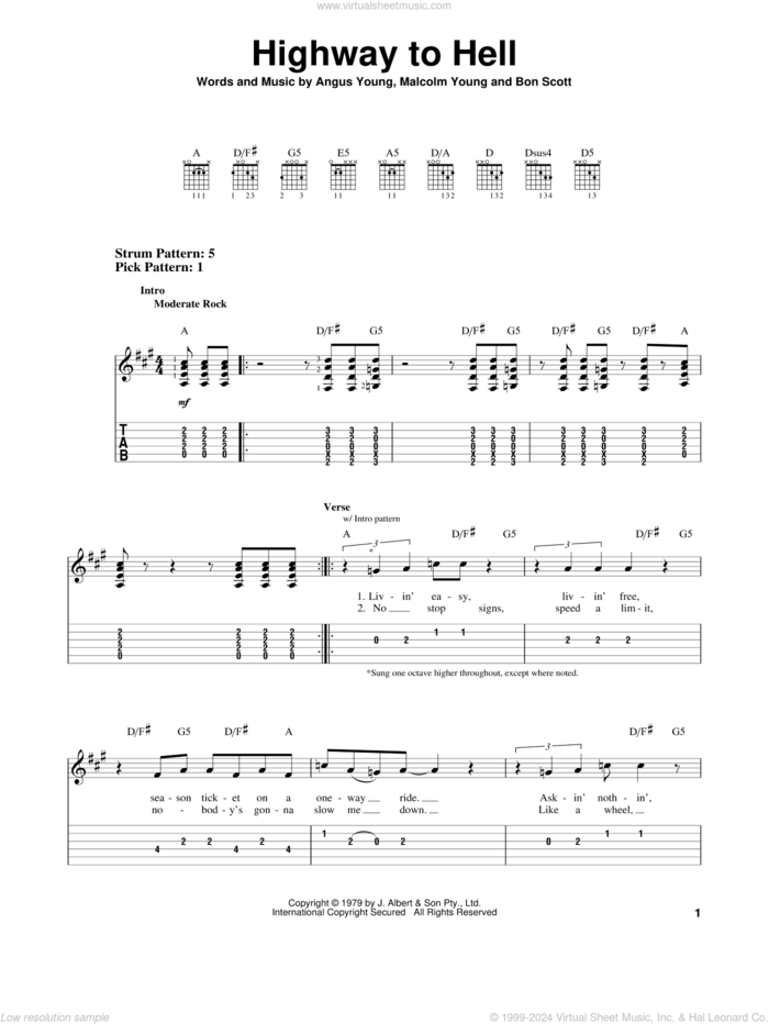 Highway To Hell sheet music for guitar solo (easy tablature) by AC/DC, Angus Young, Bon Scott and Malcolm Young, easy guitar (easy tablature)