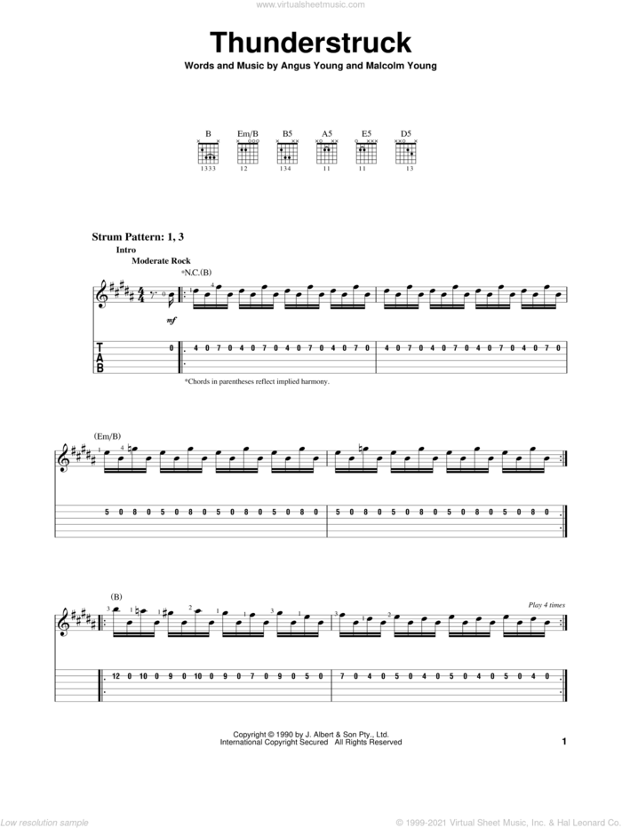 Thunderstruck sheet music for guitar solo (easy tablature) by AC/DC, Angus Young and Malcolm Young, easy guitar (easy tablature)