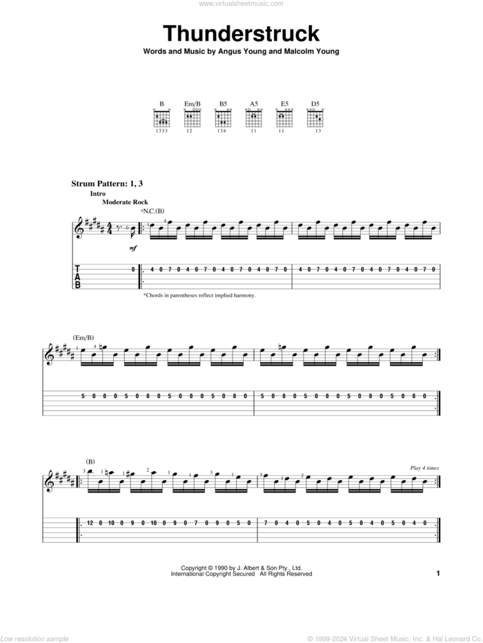 Thunderstruck sheet music for guitar solo (easy tablature) by AC/DC, Angus Young and Malcolm Young, easy guitar (easy tablature)