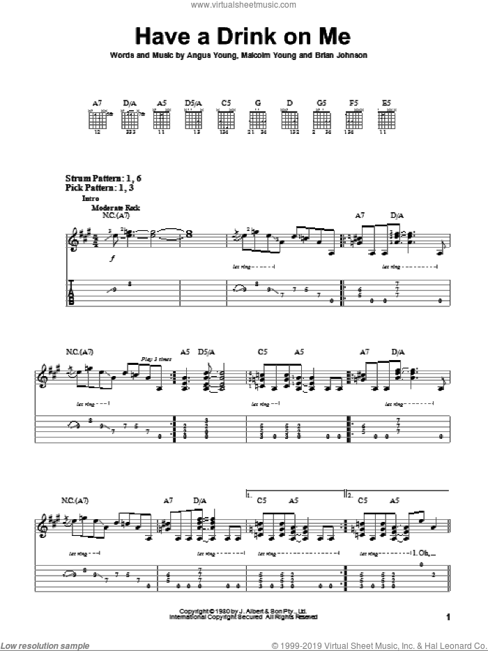 Have A Drink On Me sheet music for guitar solo (easy tablature) by AC/DC, Angus Young, Brian Johnson and Malcolm Young, easy guitar (easy tablature)