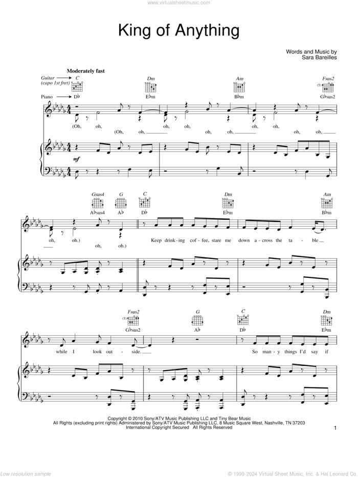 King Of Anything sheet music for voice, piano or guitar by Sara Bareilles, intermediate skill level
