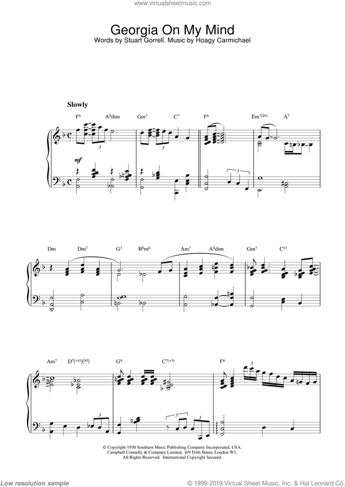 Georgia On My Mind, (intermediate) sheet music for piano solo by Hoagy Carmichael, Ray Charles, Willie Nelson and Stuart Gorrell, intermediate skill level