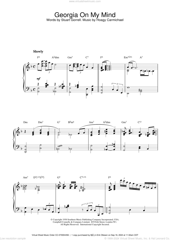 Georgia On My Mind, (intermediate) sheet music for piano solo by Hoagy Carmichael, Ray Charles, Willie Nelson and Stuart Gorrell, intermediate skill level