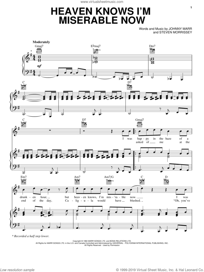 Heaven Knows I'm Miserable Now sheet music for voice, piano or guitar by The Smiths, Johnny Marr and Steven Morrissey, intermediate skill level