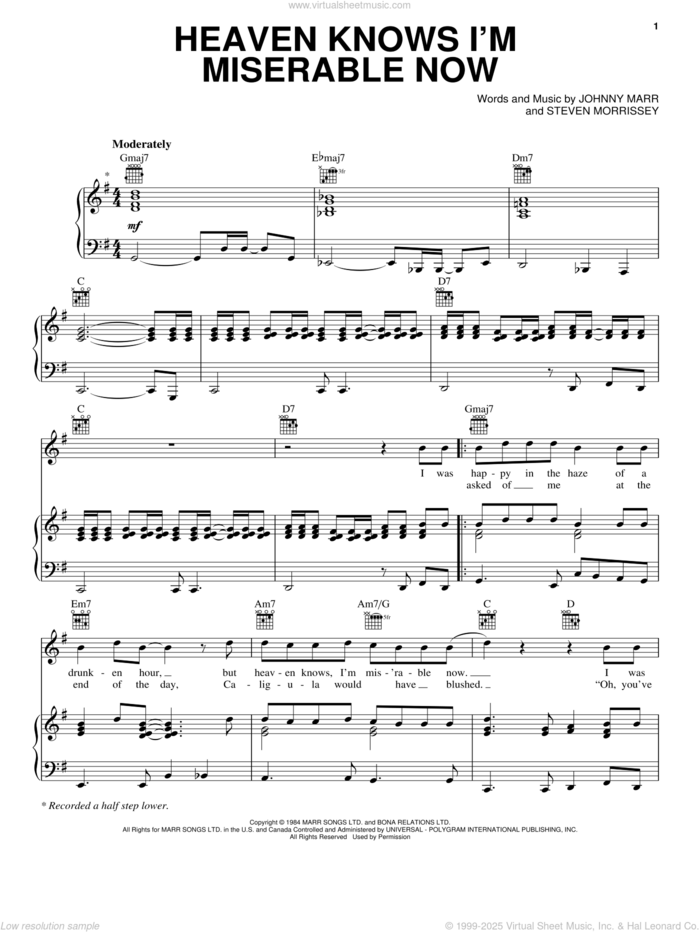 Heaven Knows I'm Miserable Now sheet music for voice, piano or guitar by The Smiths, Johnny Marr and Steven Morrissey, intermediate skill level