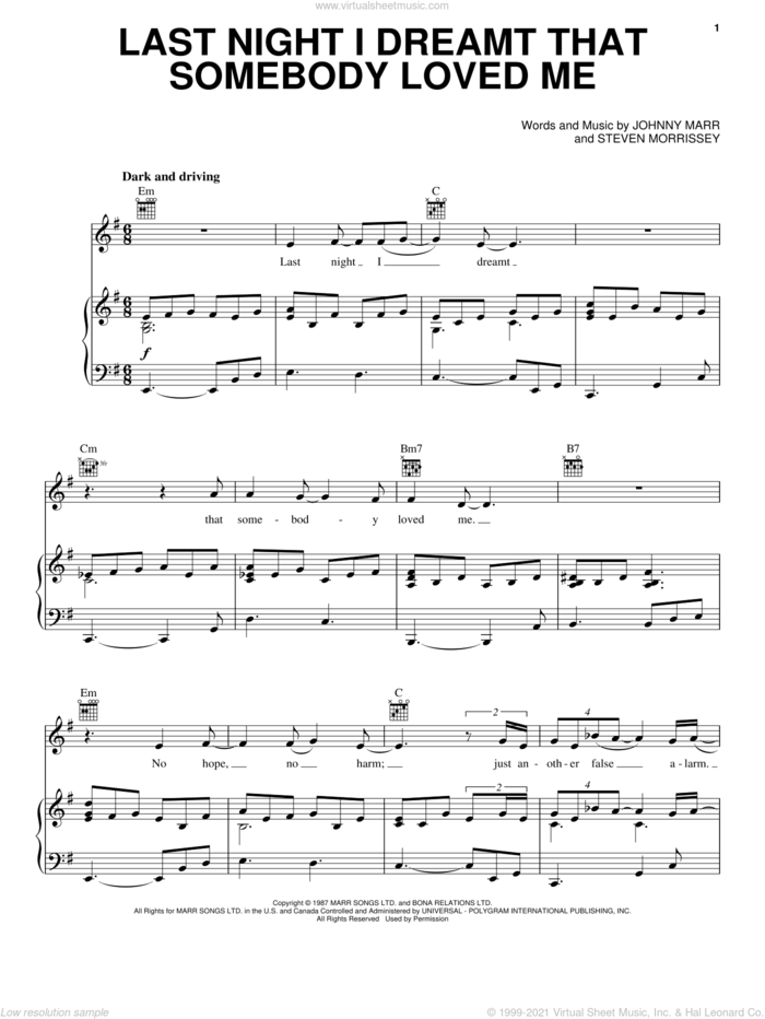 Last Night I Dreamt That Somebody Loved Me sheet music for voice, piano or guitar by The Smiths, Johnny Marr and Steven Morrissey, intermediate skill level