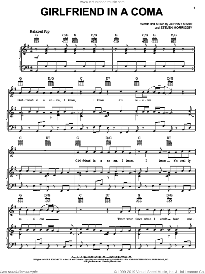Girlfriend In A Coma sheet music for voice, piano or guitar by The Smiths, Johnny Marr and Steven Morrissey, intermediate skill level