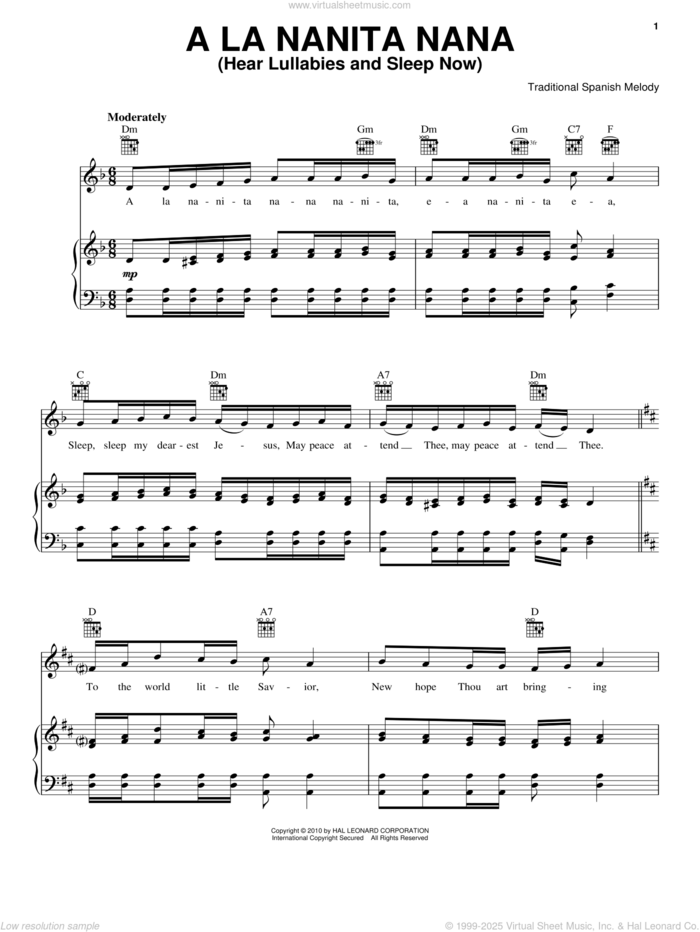 A La Nanita Nana (Hear Lullabies And Sleep Now) sheet music for voice, piano or guitar, intermediate skill level