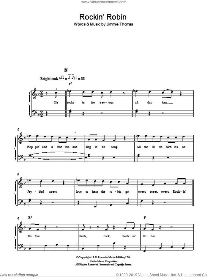 Rockin' Robin sheet music for piano solo by Michael Jackson and Jimmie Thomas, easy skill level