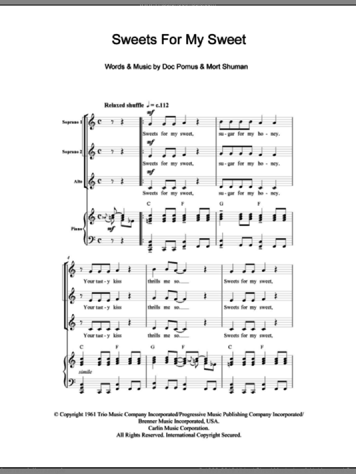 Sweets For My Sweet sheet music for choir (SSA: soprano, alto) by The Searchers, Doc Pomus, Jerome Pomus and Mort Shuman, intermediate skill level