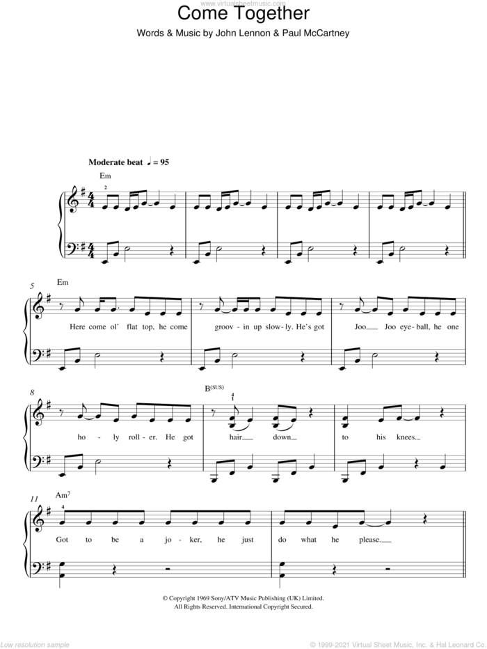 Come Together sheet music for piano solo by Michael Jackson, The Beatles, John Lennon and Paul McCartney, easy skill level