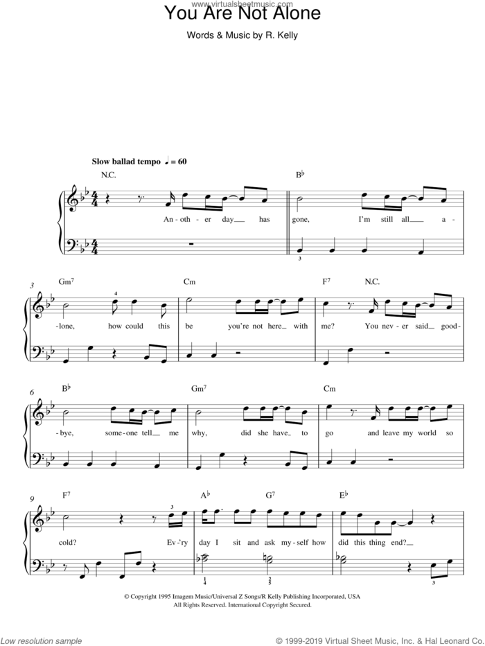 You Are Not Alone sheet music for piano solo by Michael Jackson and Robert Kelly, easy skill level