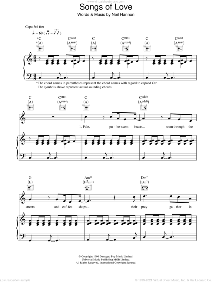 Songs Of Love sheet music for voice, piano or guitar by The Divine Comedy and Neil Hannon, intermediate skill level