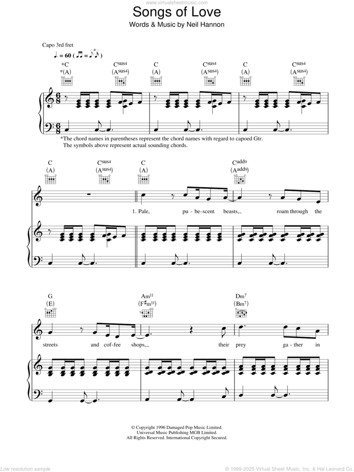 Songs Of Love sheet music for voice, piano or guitar by The Divine Comedy and Neil Hannon, intermediate skill level