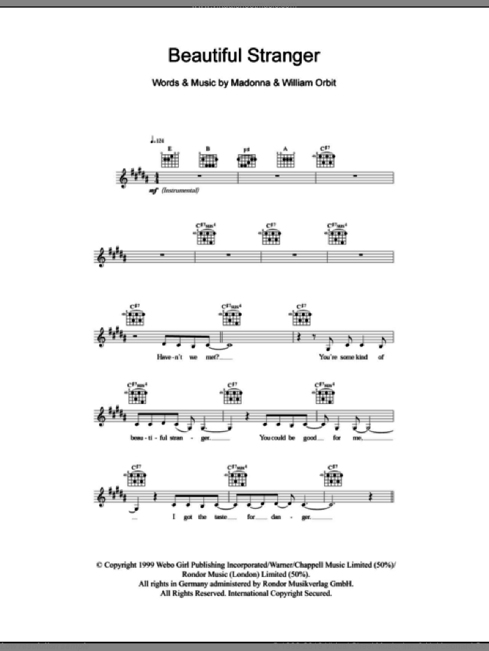 Beautiful Stranger sheet music for voice and other instruments (fake book) by Madonna and William Orbit, intermediate skill level