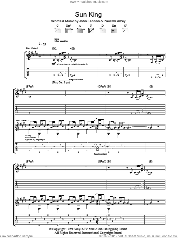 Sun King sheet music for guitar (tablature) by The Beatles, John Lennon and Paul McCartney, intermediate skill level