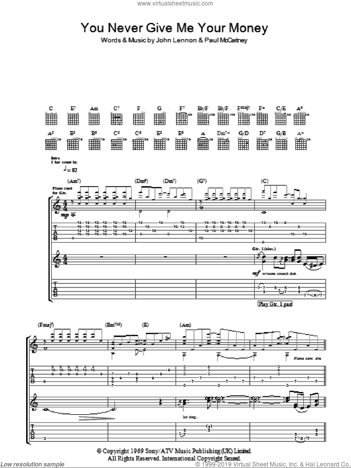 You Never Give Me Your Money sheet music for guitar (tablature) by The Beatles, John Lennon and Paul McCartney, intermediate skill level