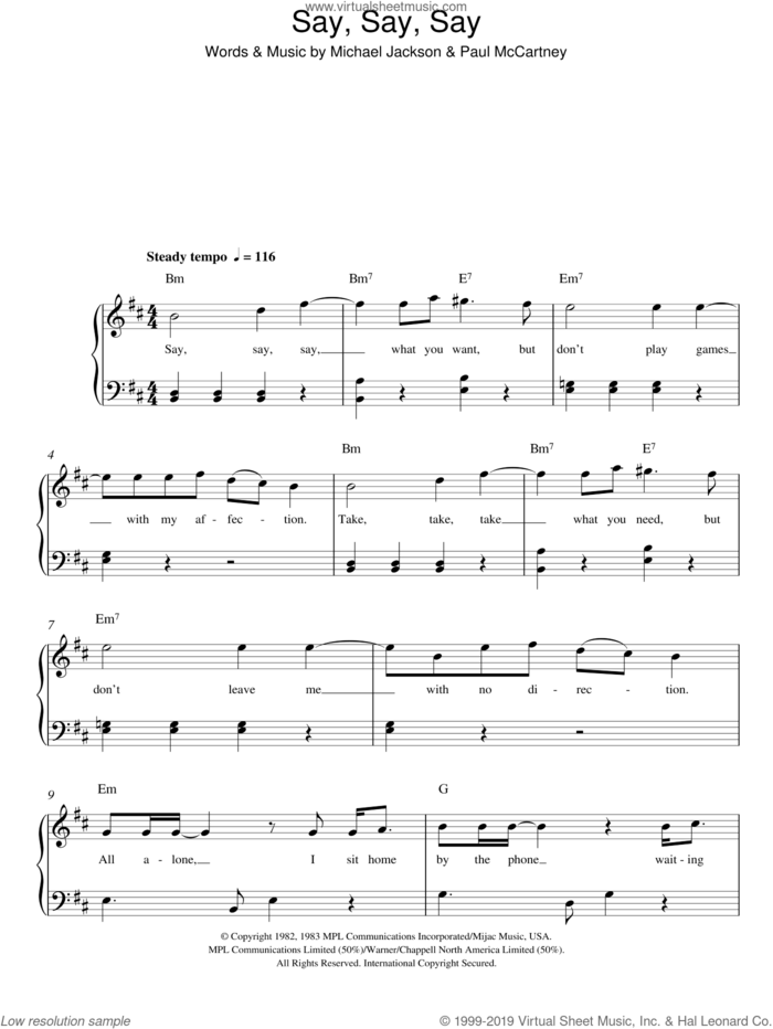 Say Say Say sheet music for piano solo by Paul McCartney and Michael Jackson, Michael Jackson and Paul McCartney, easy skill level