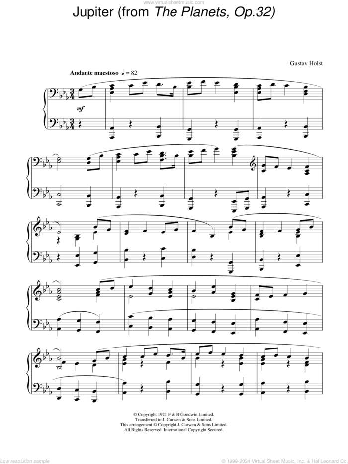 Jupiter (from The Planets Op. 32), (intermediate) (from The Planets Op. 32) sheet music for piano solo by Gustav Holst, classical score, intermediate skill level