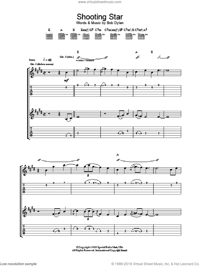 Shooting Star sheet music for guitar (tablature) by Bob Dylan, intermediate skill level