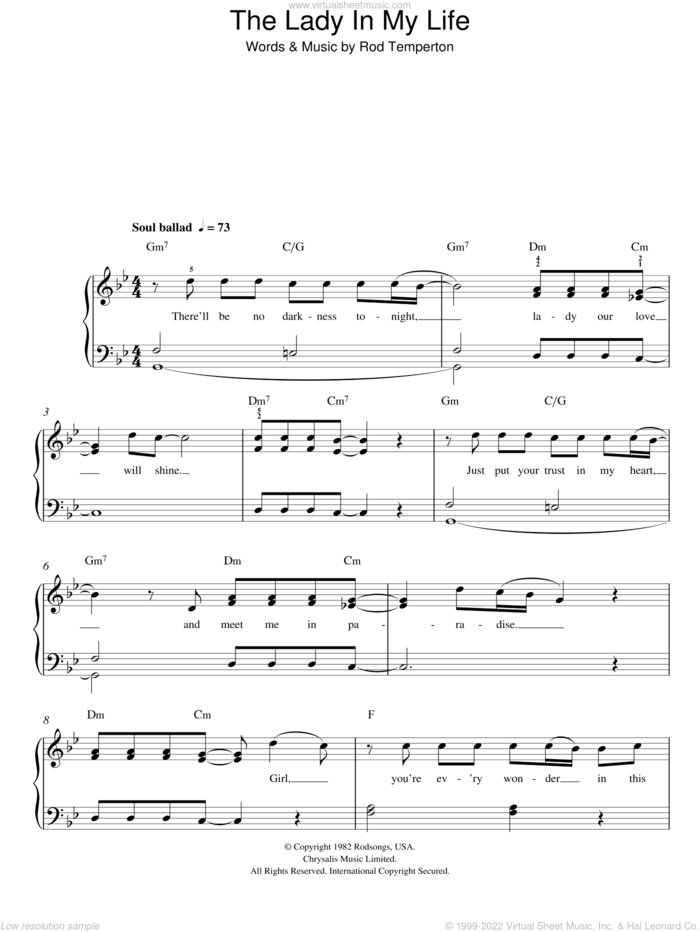 The Lady In My Life sheet music for piano solo by Michael Jackson and Rod Temperton, intermediate skill level