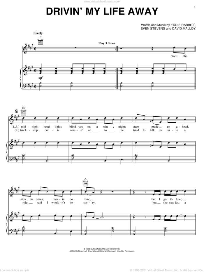 Drivin' My Life Away sheet music for voice, piano or guitar by Eddie Rabbitt, David Malloy and Even Stevens, intermediate skill level