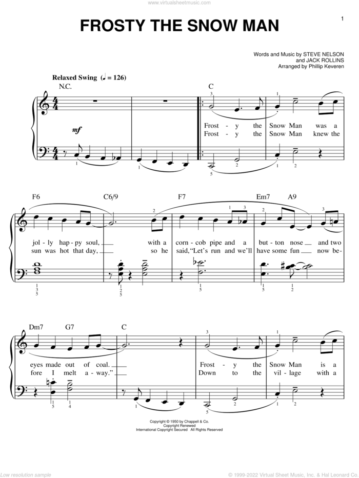 Frosty The Snow Man [Jazz version] (arr. Phillip Keveren) sheet music for piano solo by Gene Autry, Phillip Keveren, Jack Rollins and Steve Nelson, easy skill level