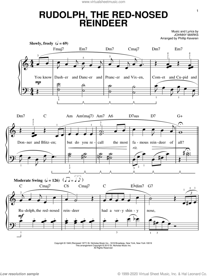 Rudolph The Red-Nosed Reindeer [Jazz version] (arr. Phillip Keveren), (easy) sheet music for piano solo by Johnny Marks and Phillip Keveren, easy skill level