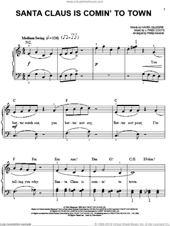 Santa Claus Is Comin' To Town [Jazz version] (arr. Phillip Keveren) sheet music for piano solo by J. Fred Coots, Phillip Keveren and Haven Gillespie, easy skill level