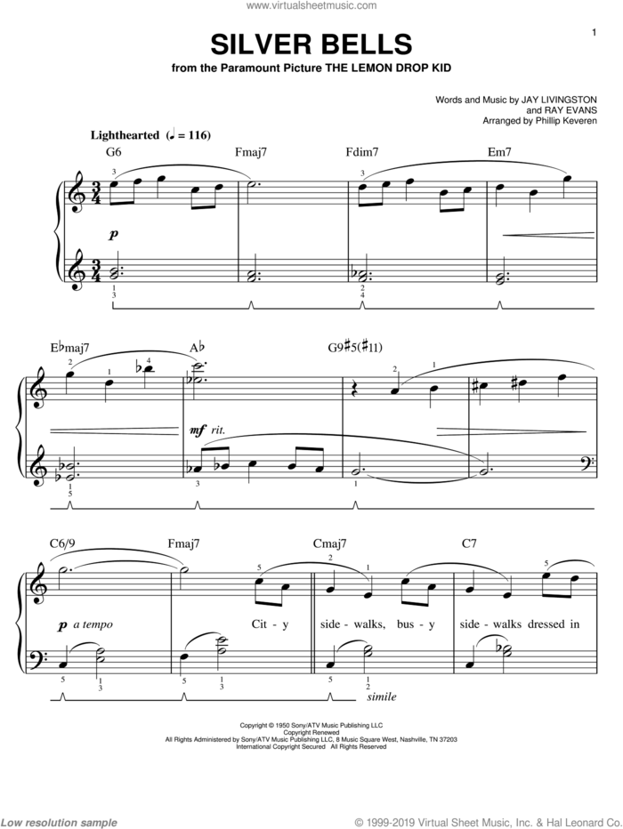 Silver Bells [Jazz version] (arr. Phillip Keveren) sheet music for piano solo by Jay Livingston, Phillip Keveren and Ray Evans, easy skill level