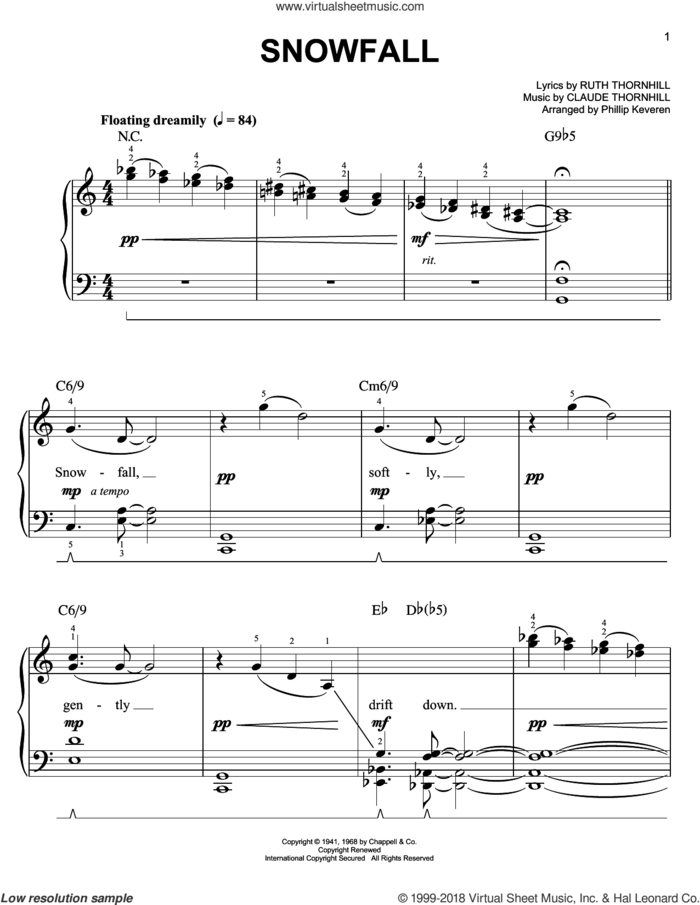 Snowfall [Jazz version] (arr. Phillip Keveren) sheet music for piano solo by Tony Bennett, Phillip Keveren, Claude Thornhill and Ruth Thornhill, easy skill level