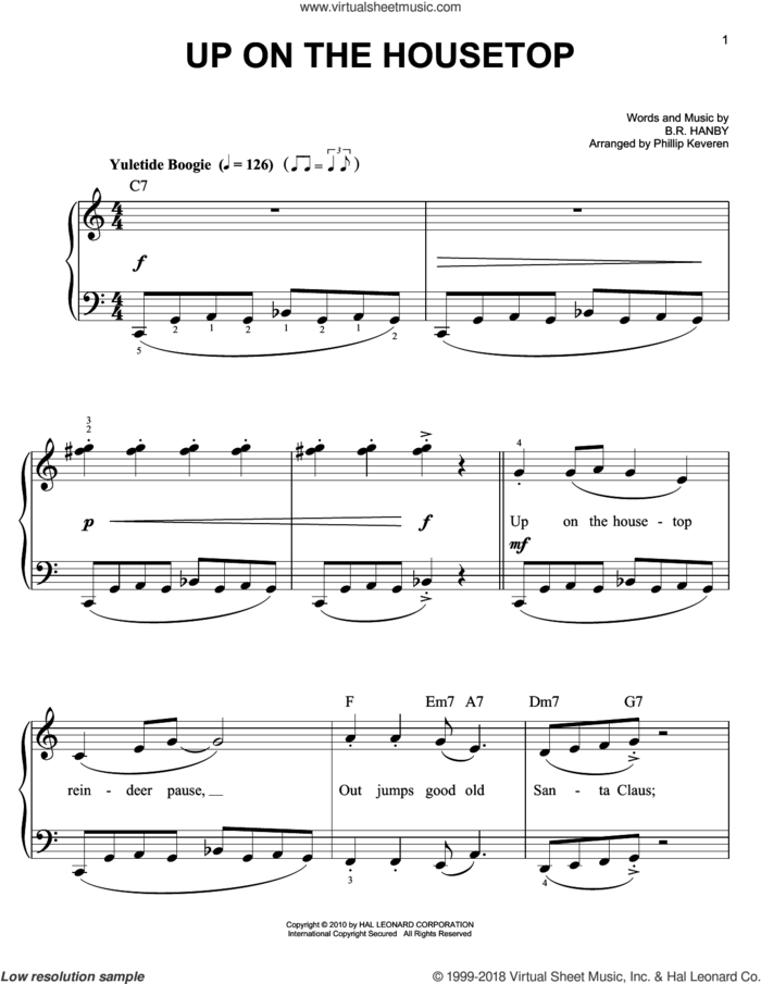 Up On The Housetop [Jazz version] (arr. Phillip Keveren), (easy) sheet music for piano solo by Benjamin Hanby and Phillip Keveren, easy skill level