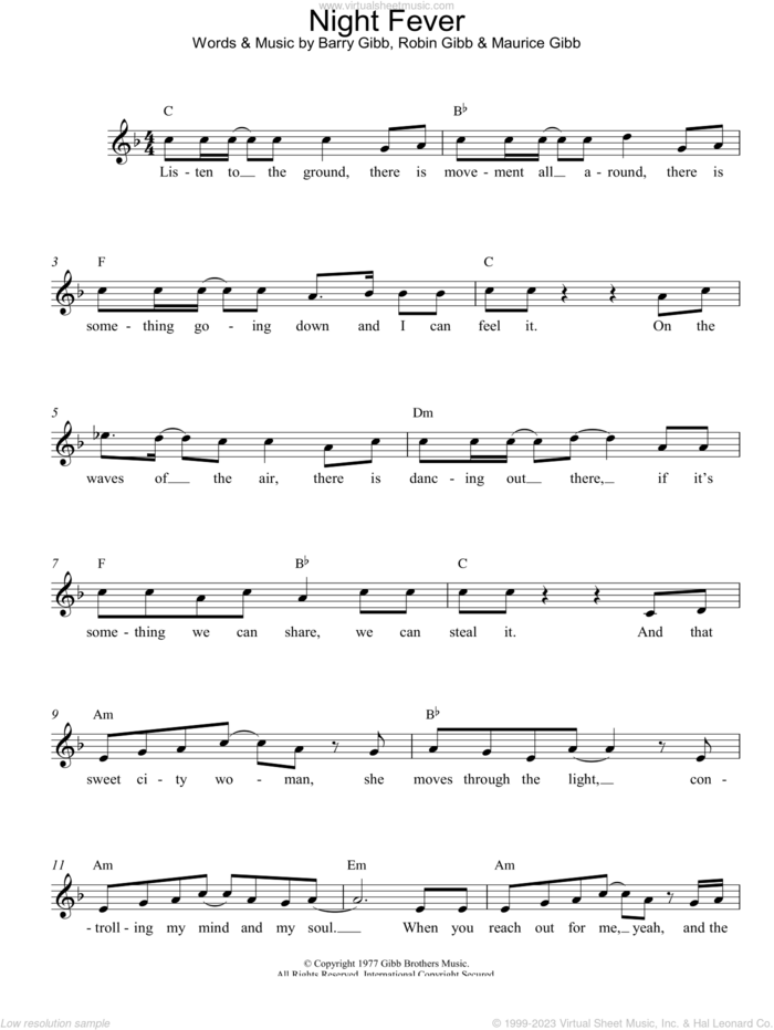 Night Fever sheet music for voice and other instruments (fake book) by Bee Gees and Barry Gibb, intermediate skill level
