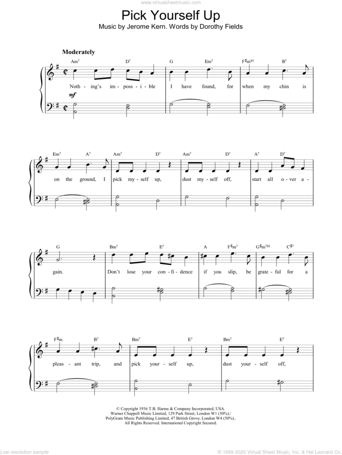 Pick Yourself Up sheet music for piano solo by Jerome Kern and Dorothy Fields, intermediate skill level