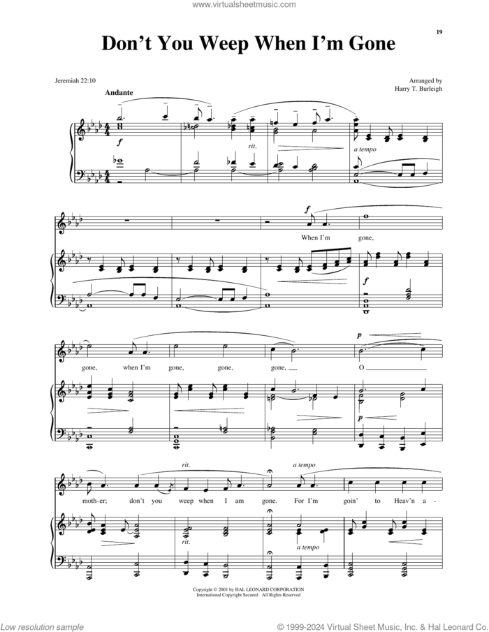 Don't You Weep When I'm Gone sheet music for voice and piano (High Voice) , Harry T. Burleigh and Richard Walters, intermediate skill level