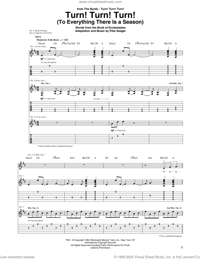 Turn! Turn! Turn! (To Everything There Is A Season) sheet music for guitar (tablature) by The Byrds, Book of Ecclesiastes and Pete Seeger, intermediate skill level