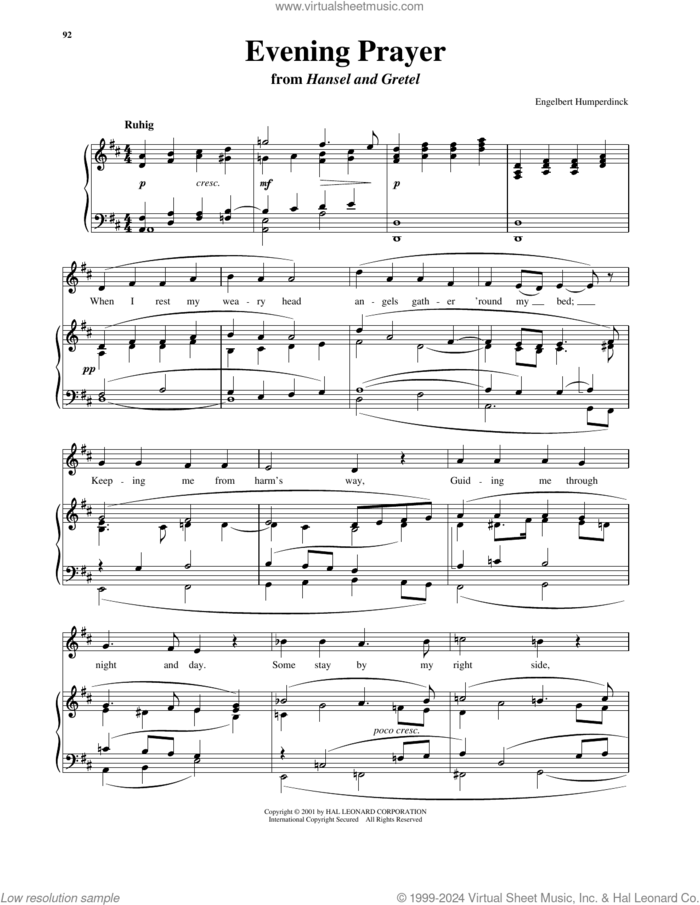 Evening Prayer sheet music for voice and piano (High Voice) by Engelbert Humperdinck and Richard Walters, intermediate skill level