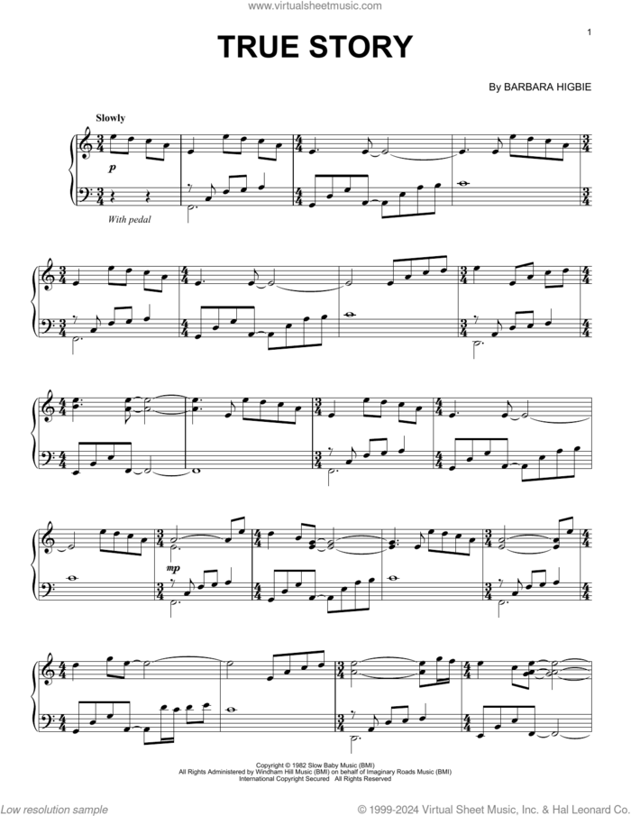 True Story sheet music for piano solo by Darol Anger and Barbara Higbie and Barbara Higbie, intermediate skill level