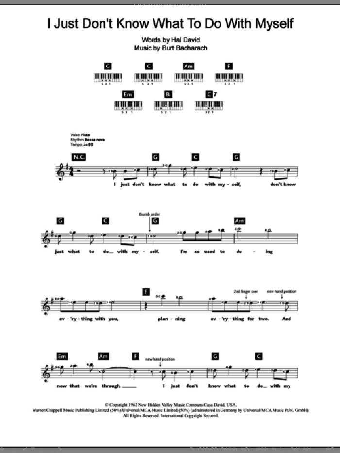 I Just Don't Know What To Do With Myself sheet music for piano solo (chords, lyrics, melody) by Dusty Springfield, Bacharach & David, The White Stripes, Burt Bacharach and Hal David, intermediate piano (chords, lyrics, melody)