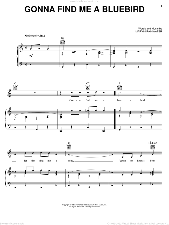 Gonna Find Me A Bluebird sheet music for voice, piano or guitar by Marvin Rainwater, intermediate skill level