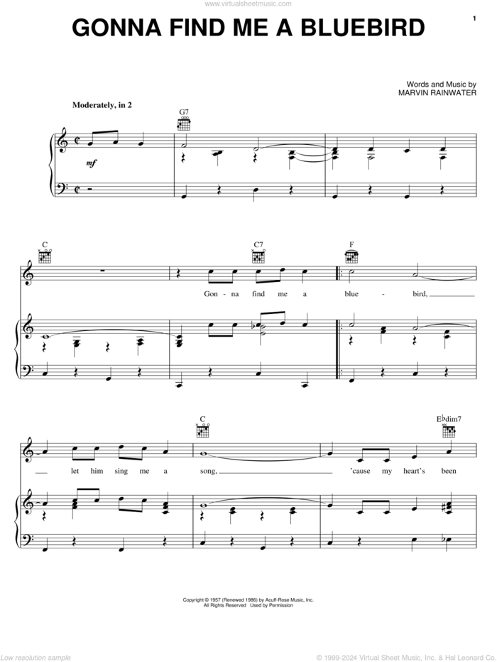 Gonna Find Me A Bluebird sheet music for voice, piano or guitar by Marvin Rainwater, intermediate skill level