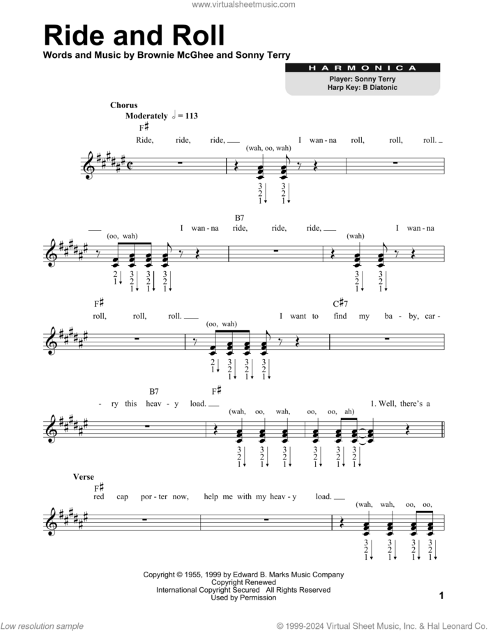 Ride And Roll sheet music for harmonica solo by Brownie McGhee and Sonny Terry, Brownie McGhee and Sonny Terry, intermediate skill level