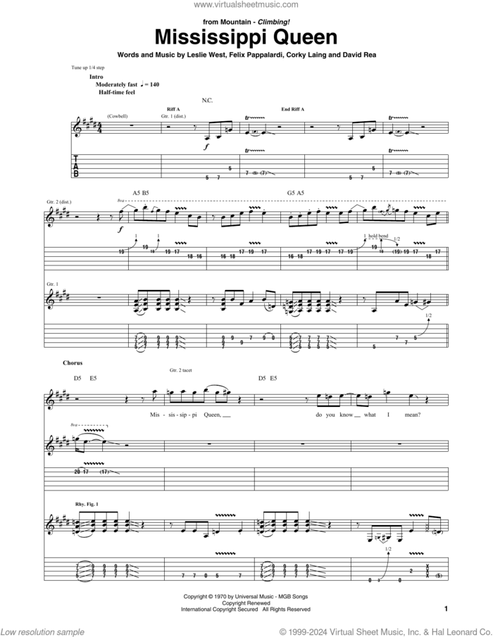 Mississippi Queen sheet music for guitar (tablature) by Mountain, Corky Laing, David Rea, Felix Pappalardi and Leslie West, intermediate skill level