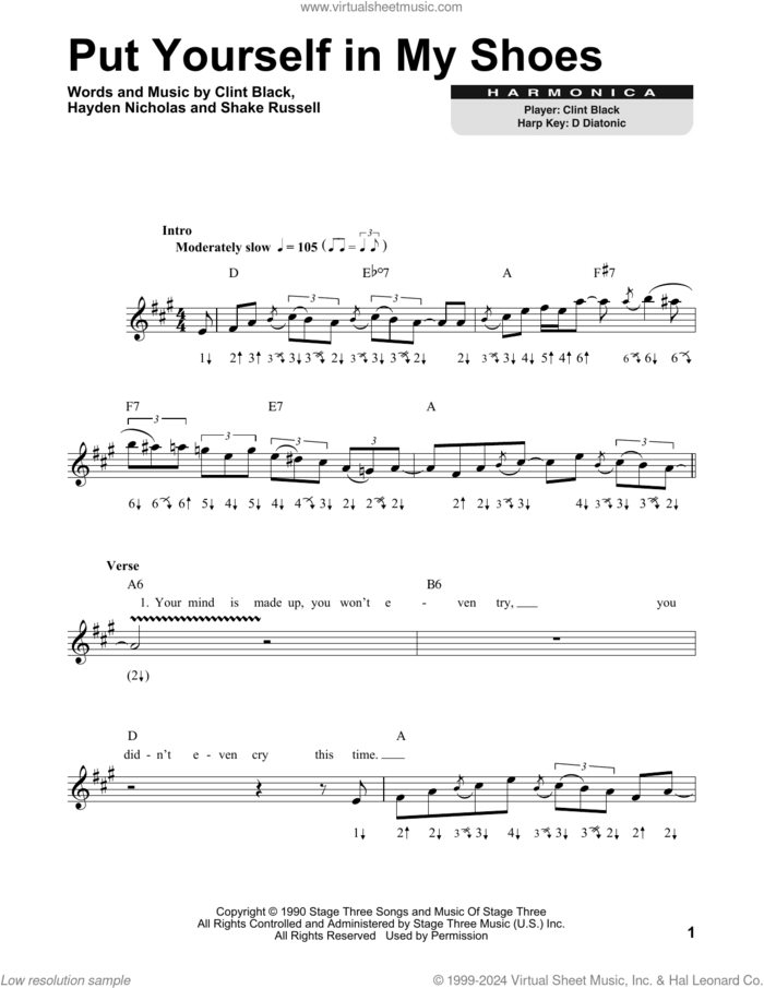 Put Yourself In My Shoes sheet music for harmonica solo by Clint Black, James Hayden Nicholas and Shake Russell, intermediate skill level