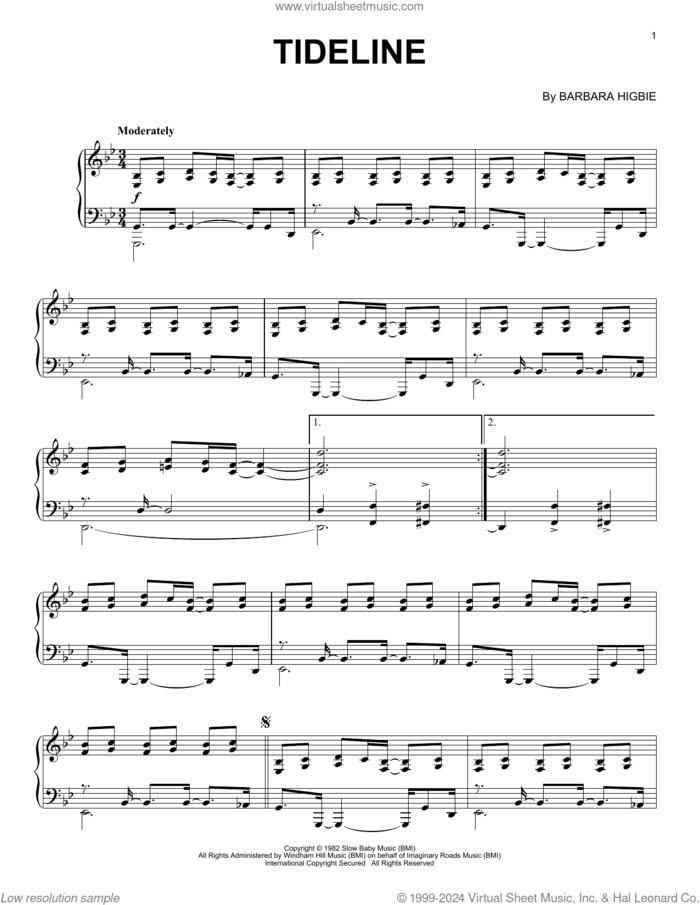 Tideline sheet music for piano solo by Darol Anger and Barbara Higbie and Barbara Higbie, intermediate skill level