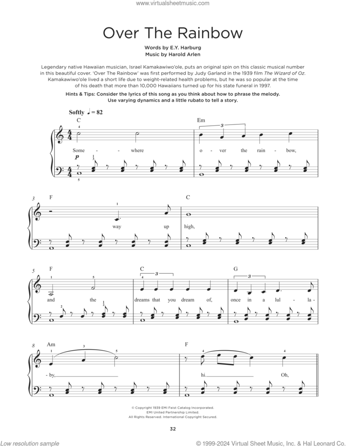 Over The Rainbow sheet music for piano solo by Judy Garland, E.Y. Harburg and Harold Arlen, beginner skill level