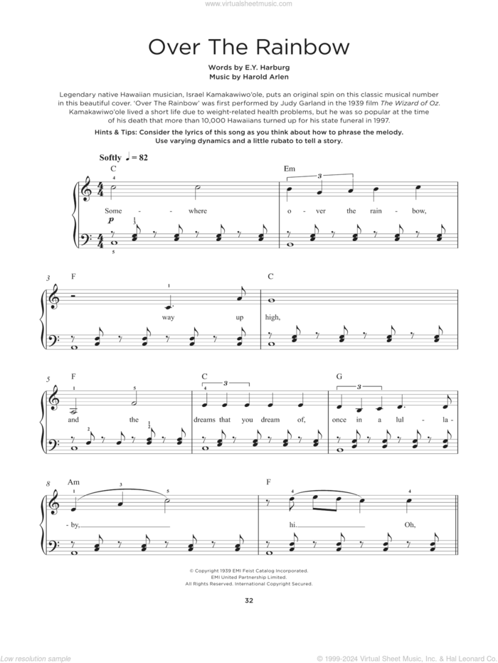 Over The Rainbow sheet music for piano solo by Judy Garland, E.Y. Harburg and Harold Arlen, beginner skill level