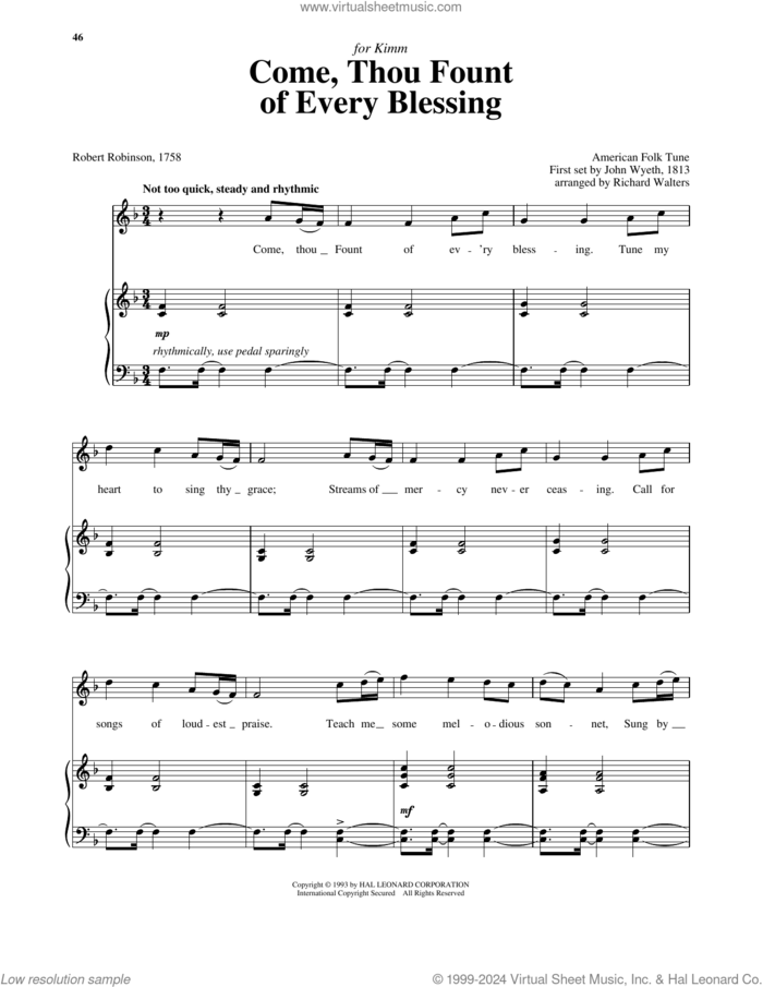 Come, Thou Fount Of Every Blessing sheet music for voice and piano (High Voice) by Robert Robinson, Bryan Stanley, Richard Walters and John Wyeth, intermediate skill level