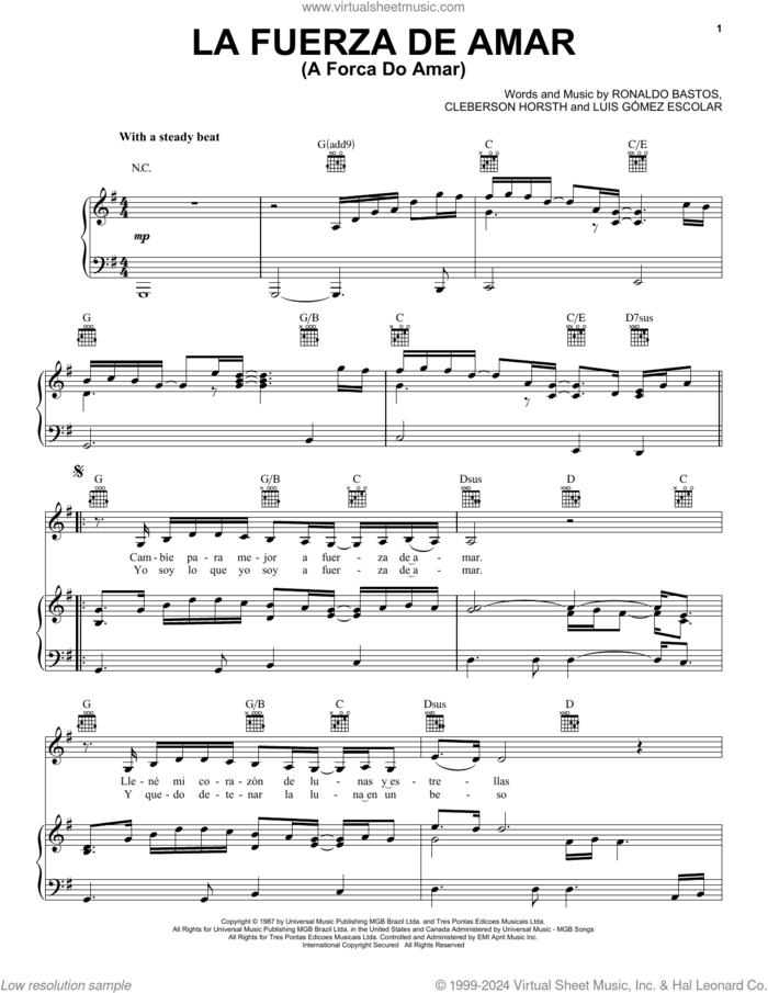 La Fuerza De Amar (A Forca Do Amar) sheet music for voice, piano or guitar by Ronaldo Bastos, Cleberson Horsth and Luis Gomes Escolar, intermediate skill level