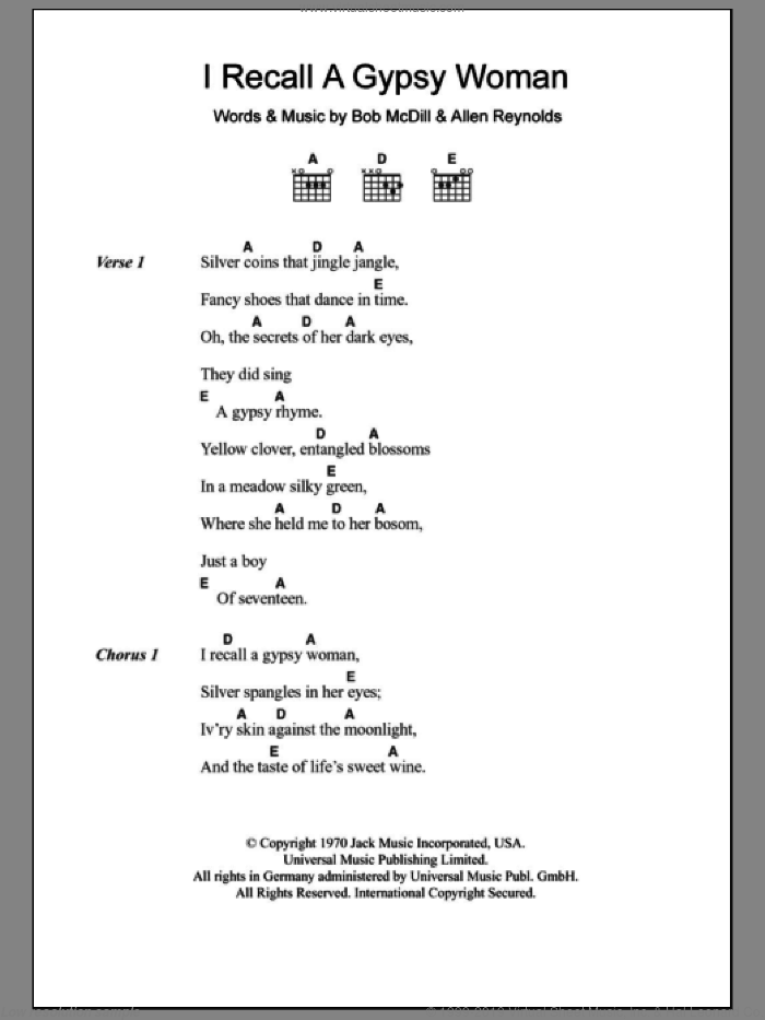 I Recall A Gypsy Woman sheet music for guitar (chords) by Don Williams, Allen Reynolds and Bob McDill, intermediate skill level